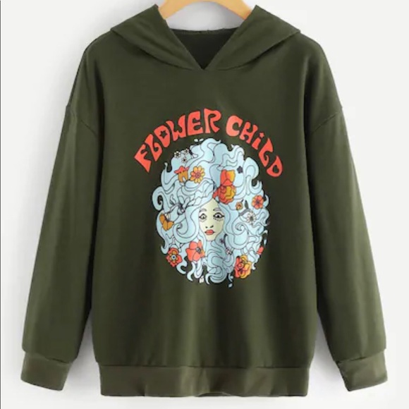 amourOC Tops - Graphic Flower Child Hoodie Sweater Army Green